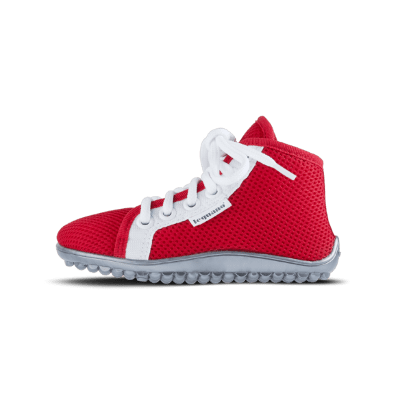 A red sneaker with white laces on top of a green background.