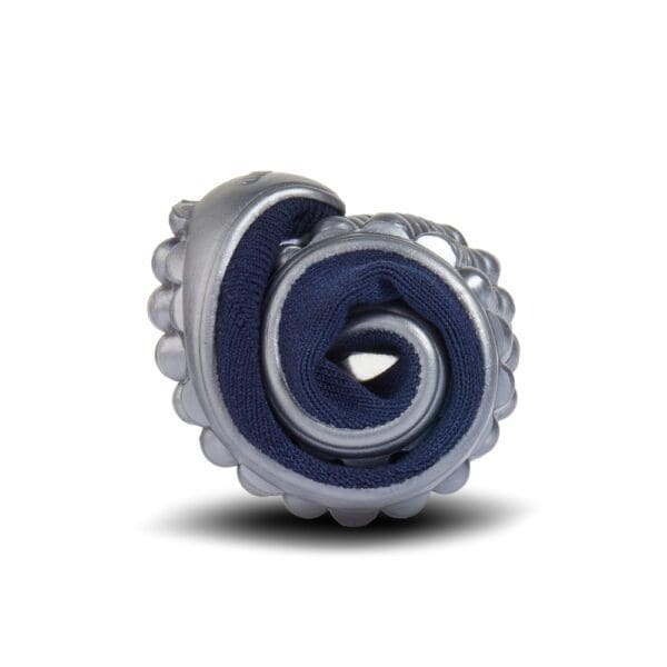A spiral shaped object with blue and silver colors.