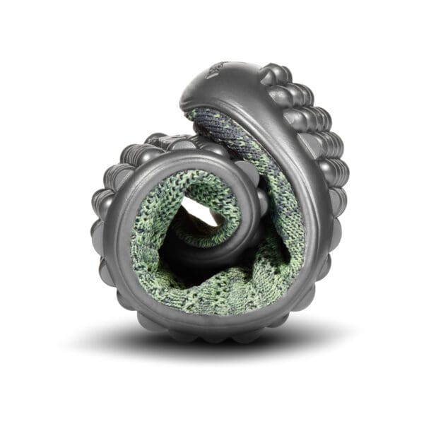 A silver spiral bead with green and black accents.