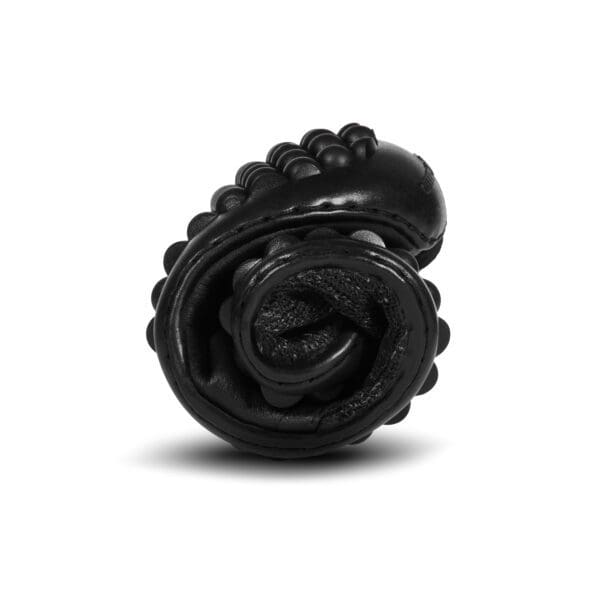 A black rose is shown on the side of a white background.