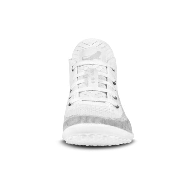 A white sneaker with a gray stripe on the side.