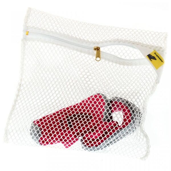 A pair of scissors in a mesh bag.