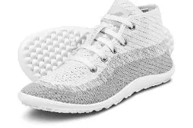 White and gray high-top athletic shoes.