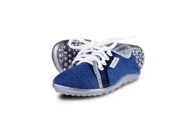 Blue and silver minimalist running shoes.