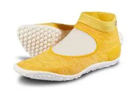 Yellow minimalist shoes with white soles.