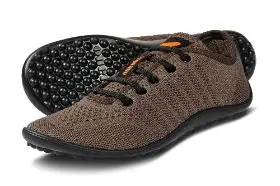 Brown and black minimalist running shoes.