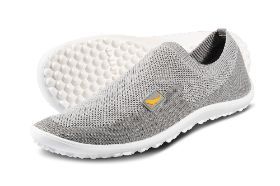 Gray and white slip-on knit shoes.